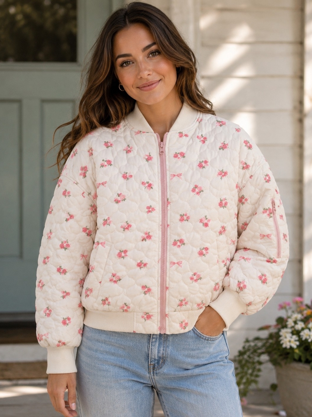 New Me Cream Quilted Floral Rose Bow Bomber Jacket Small NWT